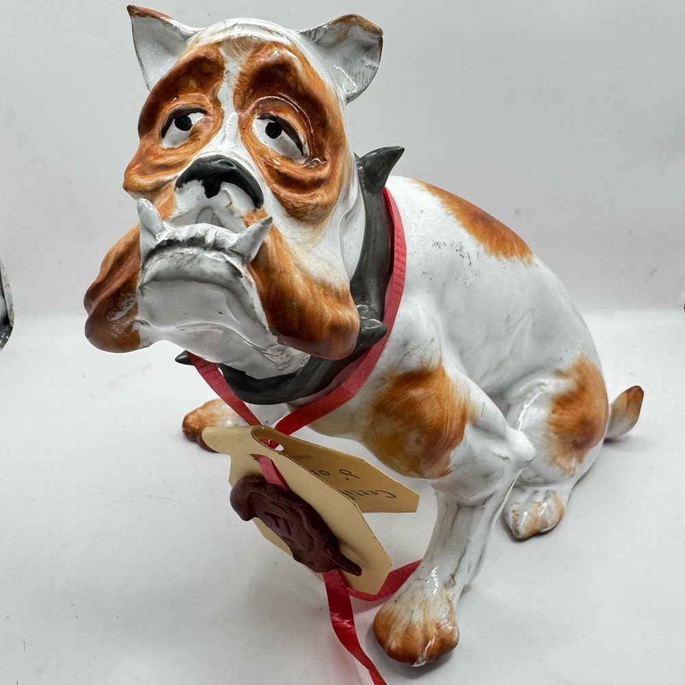 Vintage Bulldog With Collar Signed Porcelain  7” Bull Dog Figurine ITALY